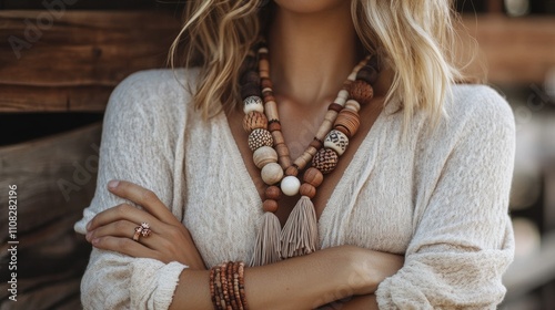 Bohemian Style Necklace and Jewelry Display with Natural Elements photo