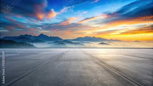 A vast, empty concrete platform stretches before a majestic mountain range shrouded in mist, as the sky blazes with a fiery sunrise.