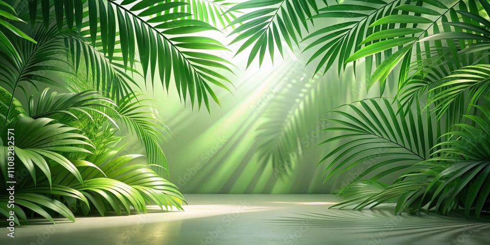 Fototapeta premium Lush green palm leaves frame a serene background, creating a tranquil and natural setting for product display.