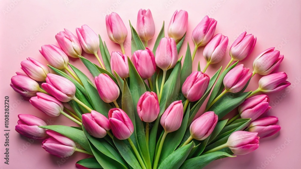 Fototapeta premium A delicate arrangement of vibrant pink tulips, their velvety petals gracefully unfurling, showcasing the beauty of springtime in full bloom.