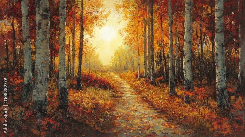 Fototapeta premium A Pathway Through an Autumn Forest, Bathed in Warm Sunlight