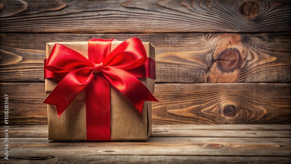 Fototapeta premium A beautifully wrapped gift with a vibrant red bow, resting on a rustic wooden surface, creating a captivating visual of celebration and anticipation.
