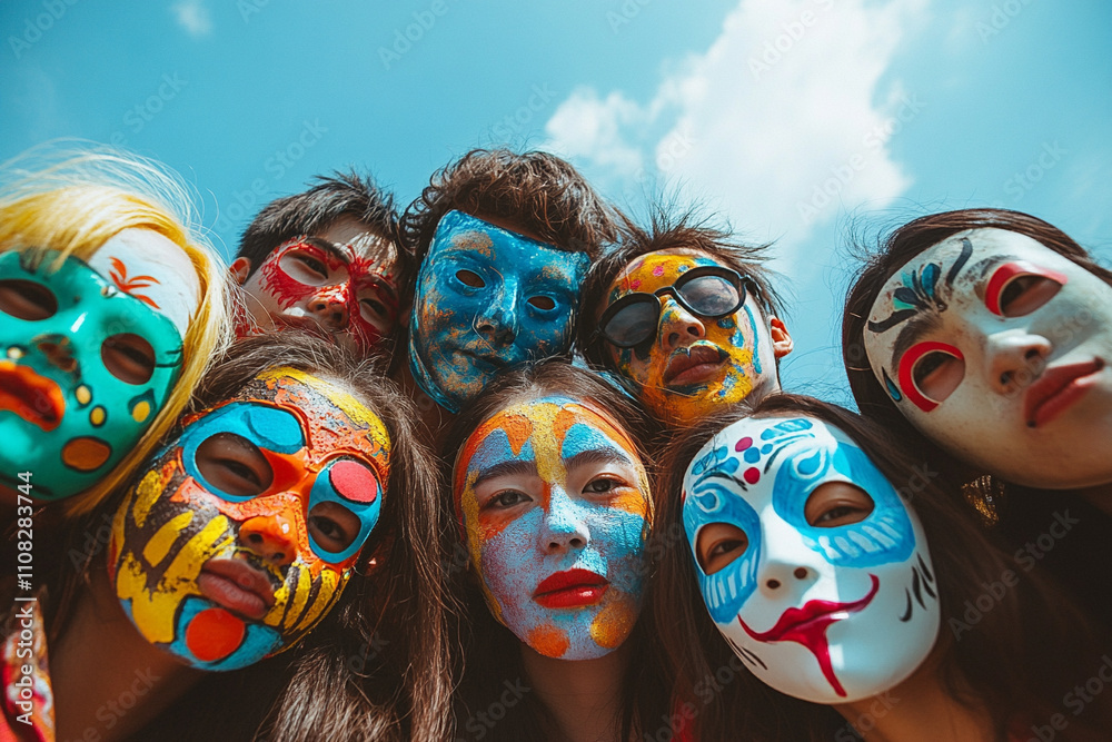 Obraz premium Group of friends wearing colorful masks and facial paint at a celebration