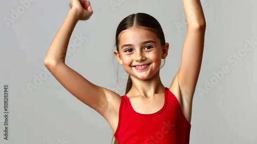Young gymnast performing acrobatic choreography. Portrait shot on gray backdrop. Copy space available.
