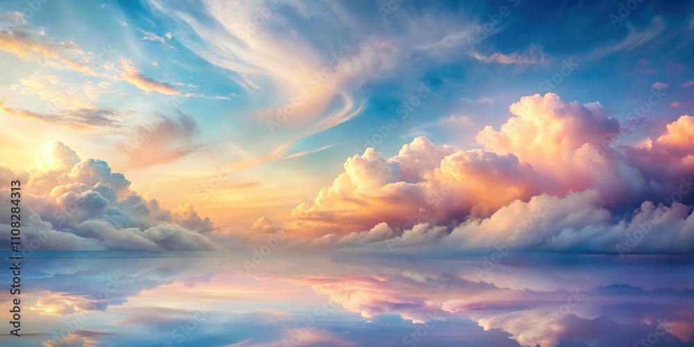 Fototapeta premium A breathtaking view of a colorful sky with cumulus clouds reflecting on the water below, creating a serene and ethereal landscape
