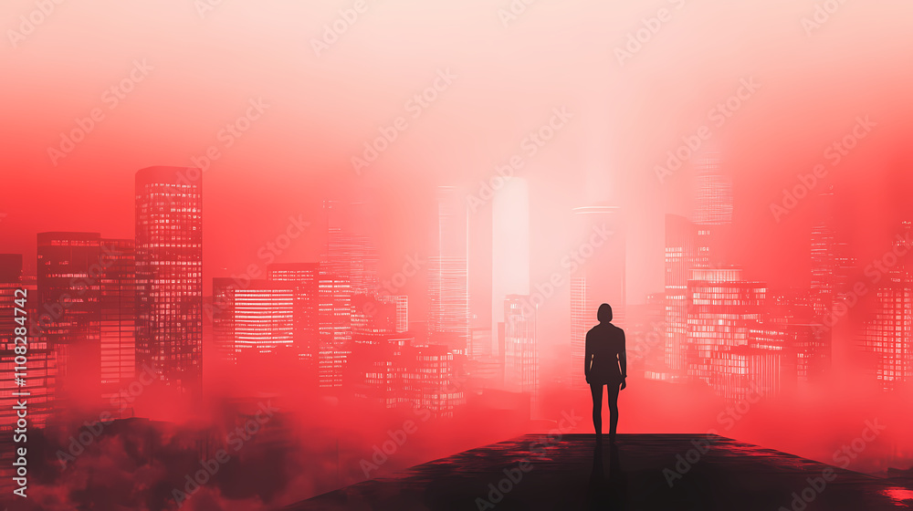 Silhouette of a person stands on rooftop with misty city skyline and luminous red screen. futuristic and atmospheric urban scene. Luminous. Illustration Silhouette of a person stands on rooftop with misty city skyline and luminous red screen. futuristic and atmospheric urban scene. Luminous. Illustration