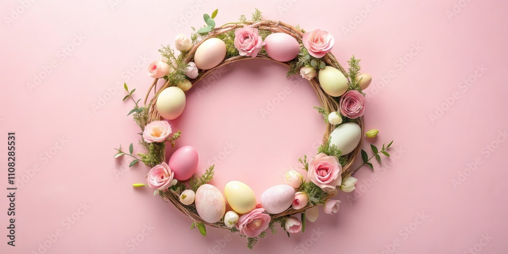 Obraz premium A Delicate Easter Wreath of Pastel Eggs and Delicate Pink Blossoms on a Soft Pink Background