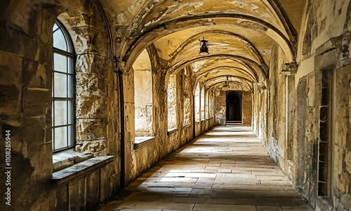 A historic corridor with arches and stone walls, evoking a sense of antiquity.