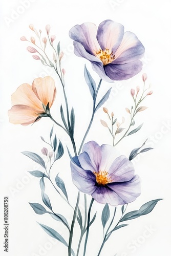 Elegant Watercolor Floral Illustration Featuring Delicate Pastel Blooms and Leaves on a White Background