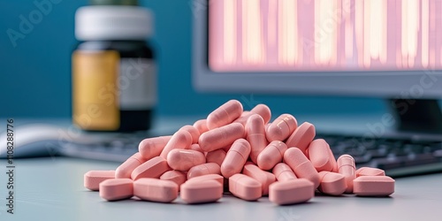 Pharmaceutical industry concept. A close-up of pink pills stacked on a table, with a computer keyboard and a bottle in the background, highlighting a theme of health and medication. photo