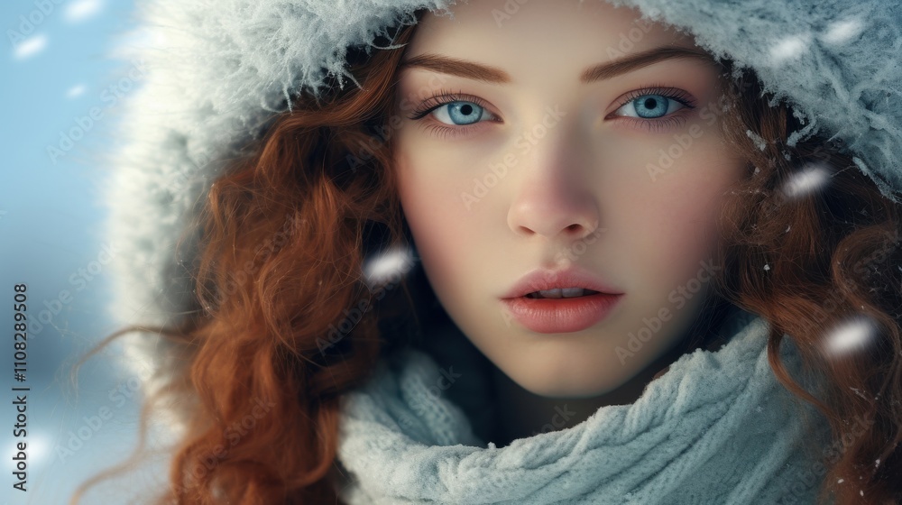 Winter Goddess in Fiery locks: Red-Haired Woman in Snowy Landscape Winter Goddess in Fiery locks: Red-Haired Woman in Snowy Landscape