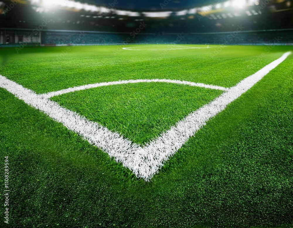 Fototapeta premium green artificial grass with white border lines on soccer field at stadium
