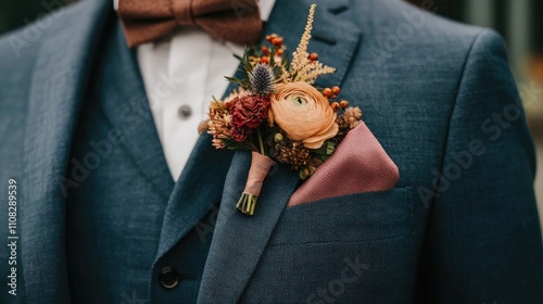 Groom's Suit Detail with Floral Boutonniere and Bow Tie Accent photo