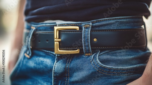 Stylish Black Leather Belt with Gold Buckle Worn with Denim Jeans