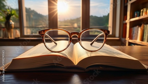 a pair of stylish glasses placed on top of an open book in a well lit study room reading eyewear photo