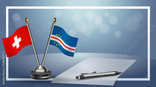Switzerland and Cape Verde Small national flag on bokeh background, cooperative relationship