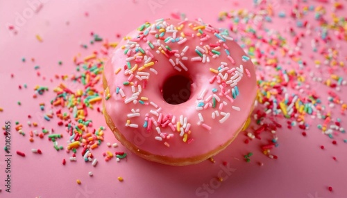 a vibrant close up of a pink frosted donut with colorful sprinkles against a soft pink background perfect for food related projects ads and social media focused on sweetness photo