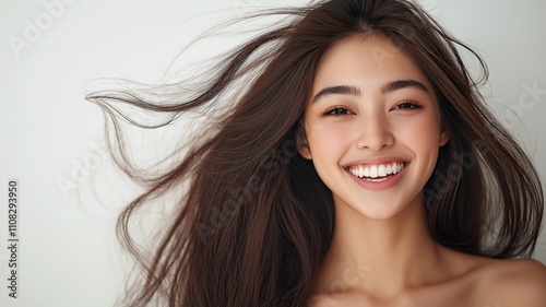 A joyful, laughing, Asian woman with long hair is shown in this portrait.