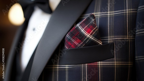 Elegant tuxedo with stylish pocket square in fine fabric detail