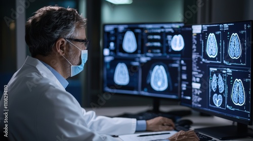 A healthcare professional analyzes medical imaging on multiple screens while wearing a mask, emphasizing modern diagnostics and patient care.