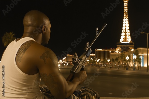 Nighttime view of a man holding a firearm on Flamingo Avenue in Las Vegas photo