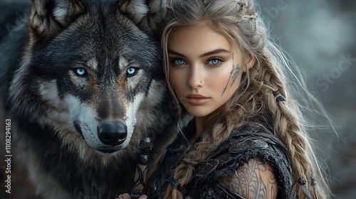A captivating Viking female warrior with icy blue eyes and bold body art, holding a spear and standing beside an imposing black wolf amidst a desolate Nordic tundra, with a brooding atmosphere 