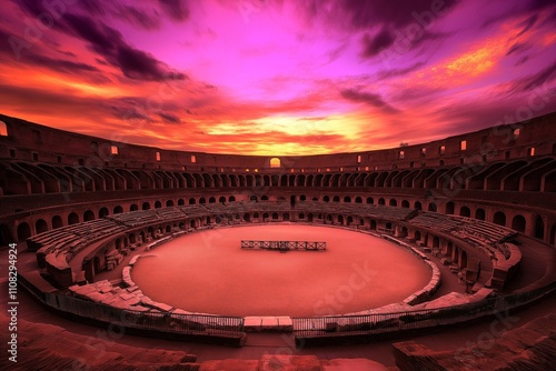 Empty Roman arena at sunrise reveals soft pink and orange hues with shadows stretching across the sand photo