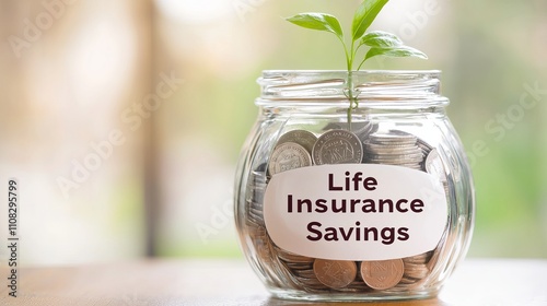 A glass jar filled with coins and a green plant symbolizing life insurance savings. photo