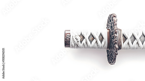 Katana Sword Tsuba Detail Elegant White Ito Wrap & Ornate Menuki photo