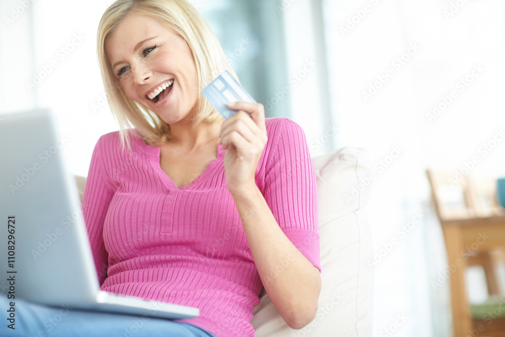 Woman, laptop and home finance with credit card, online shopping and secure checkout of order. Female person, retail therapy and electronic transaction on sofa, ecommerce and excited for promotion Woman, laptop and home finance with credit card, online shopping and secure checkout of order. Female person, retail therapy and electronic transaction on sofa, ecommerce and excited for promotion
