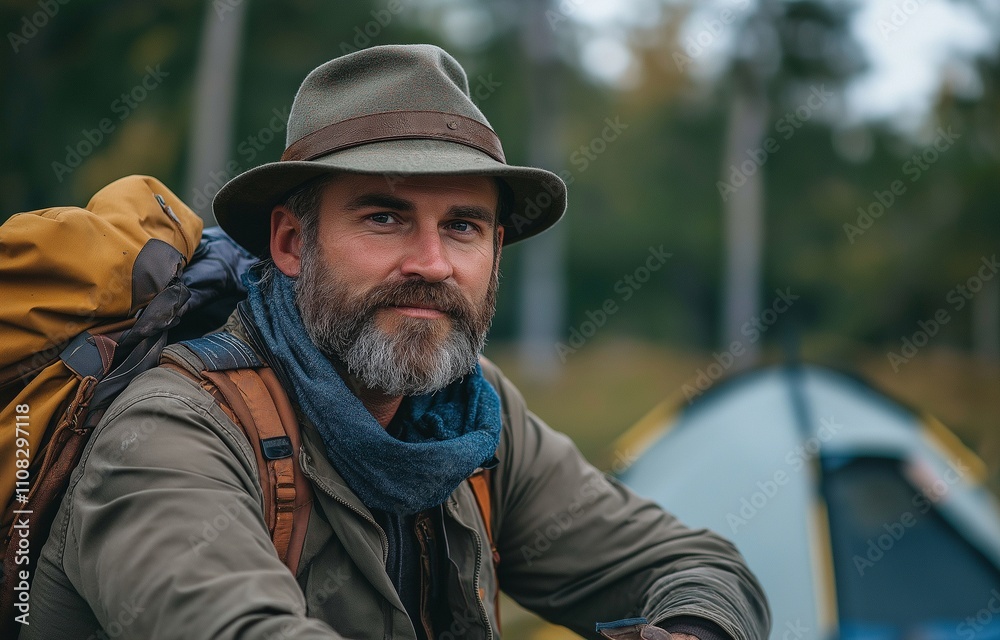 Obraz premium A Samart executive wearing an adventure hat while camping