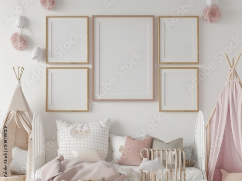 Five empty picture frames hanging on a white wall in a pink and white nursery