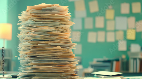 A towering stack of papers dominates a cluttered office space, evoking the feeling of overwhelming work and disorganized paperwork amidst a blurred backdrop.