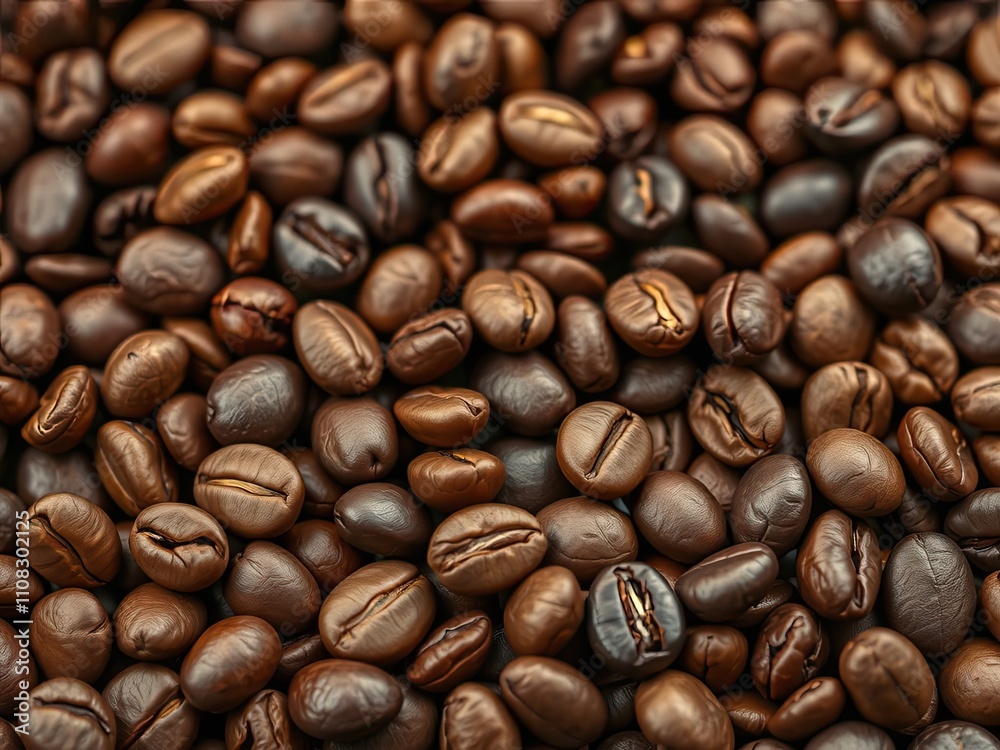 Fototapeta premium Close-up of the surface of multiple roasted coffee beans with varying degrees of ripeness and color , natural elements., food photography