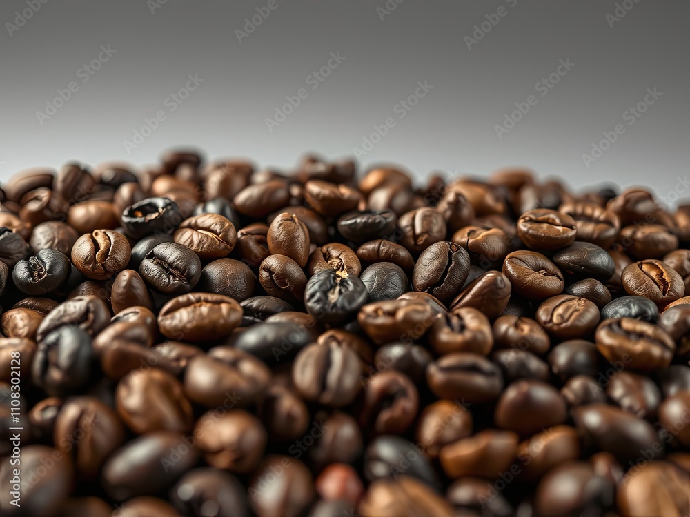 Fototapeta premium Close-up of the surface of multiple roasted coffee beans with varying degrees of ripeness and color , food photography, multicolored arrangement, roasted coffee
