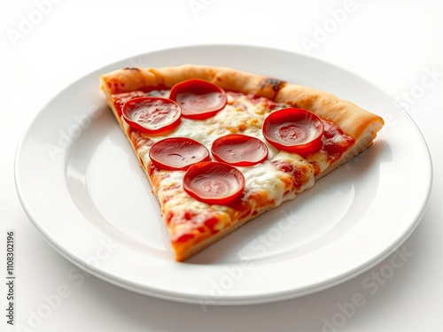 Close-up shot of a slice of pepperoni pizza on a white plate with the crust slightly toasted , melted, pizza, drippled photo