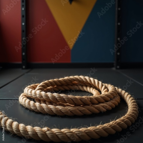Coiled rope on gym floor with colorful background