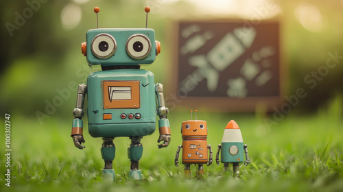 Three toy robots stand on grass with a chalkboard featuring a rocket drawing in the background, evoking a playful and imaginative atmosphere.
