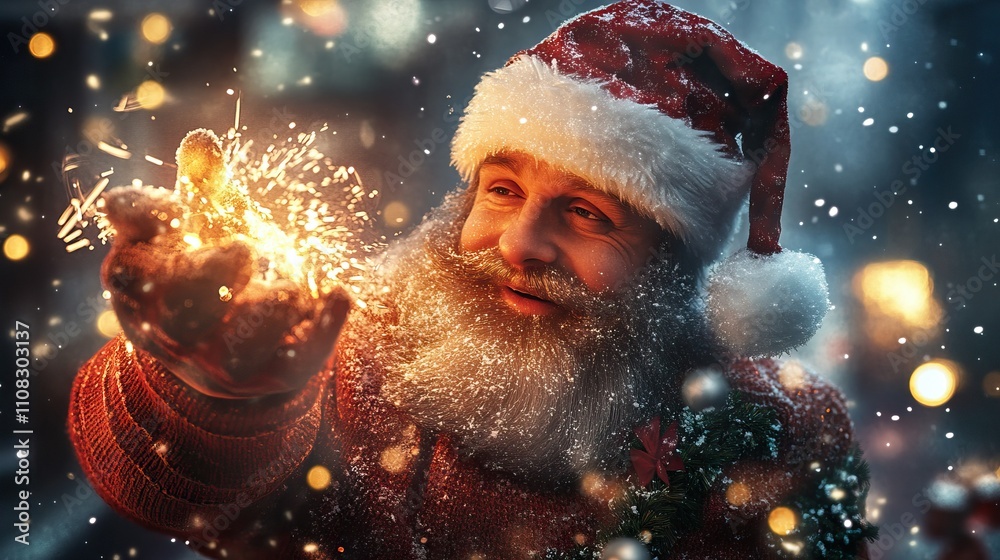 Joyful santa claus holding a sparkler amid snowfall, celebrating the festive season of merry christmas and happy new year Joyful santa claus holding a sparkler amid snowfall, celebrating the festive season of merry christmas and happy new year