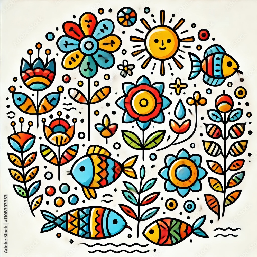 Fototapeta premium Colorful Floral Fish Sun Doodle Art Print Summer Vibes Happy Nature Illustration