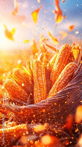 Golden corn cobs in sunlit field surrounded by falling leaves and sparks