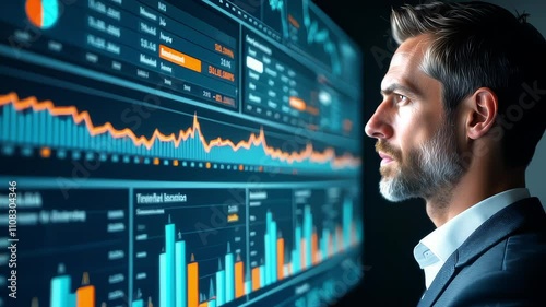 Digital Analysis. Analyst reviewing interactive data dashboard for business insights. Market Data.