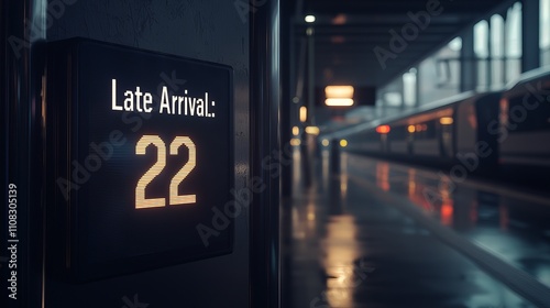 A digital display announcing a late arrival at a modern train station, featuring sleek design and ambient lighting.