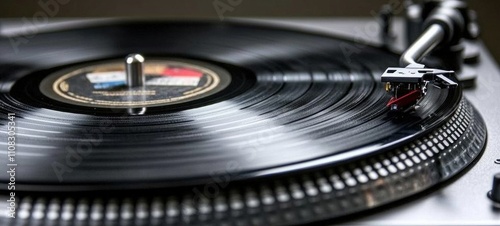 Vinyl Record Spinning on Turntable: A Close-Up