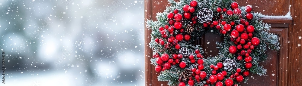 A festive wreath adorned with red berries hangs on a wooden door, while gentle snowflakes fall in a winter wonderland backdrop.