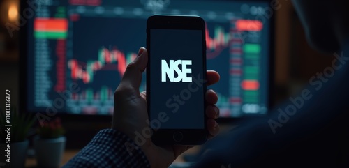 A person uses a smartphone displaying the NSE logo, set against a background of stock market charts and data, symbolizing online trading and financial analysis.