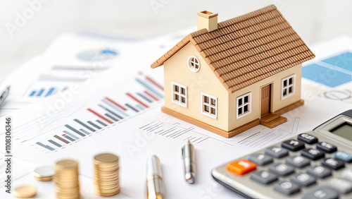 miniature house model sits on financial documents with charts, coins, and calculator, symbolizing real estate investment and tax planning strategies