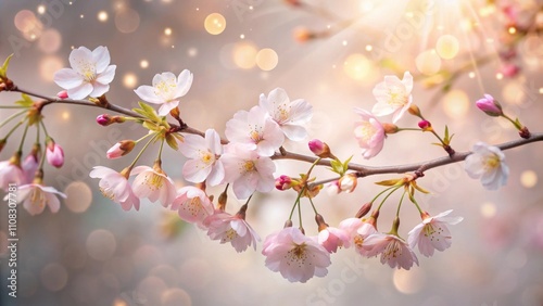 A delicate branch adorned with soft pink cherry blossoms, illuminated by warm sunlight, creating a mesmerizing interplay of light and bloom.