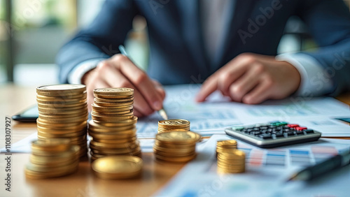 Stacks of coins and calculator on desk with person reviewing financial documents, highlighting tax planning and financial analysis