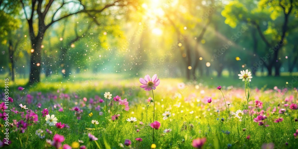Obraz premium A vibrant field of flowers bathed in the warm glow of the setting sun, a symphony of colors dancing in the gentle breeze.